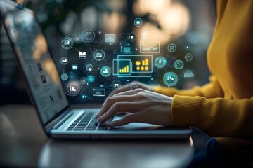 Woman using laptop, digital interface