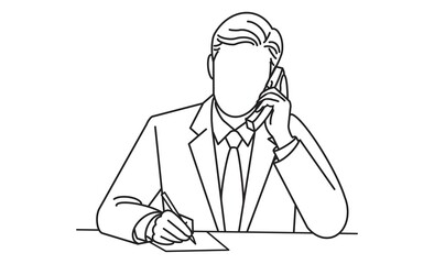 電話をしながらメモを取るビジネスマンの線画イラスト