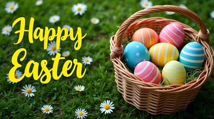 Happy Easter Basket of Colorful Eggs in Daisy Field