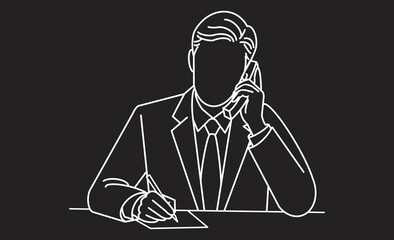 電話をしながらメモを取るビジネスマンの線画イラスト