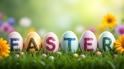 Easter Eggs with Lettering in Spring Meadow