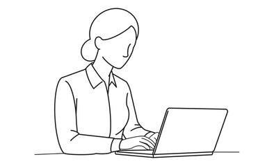 パソコン作業をする女性の線画イラスト