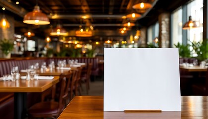 An empty sign stands on a wooden table with an elegant restaurant background. The sign is in sharp focus, perfect for your text