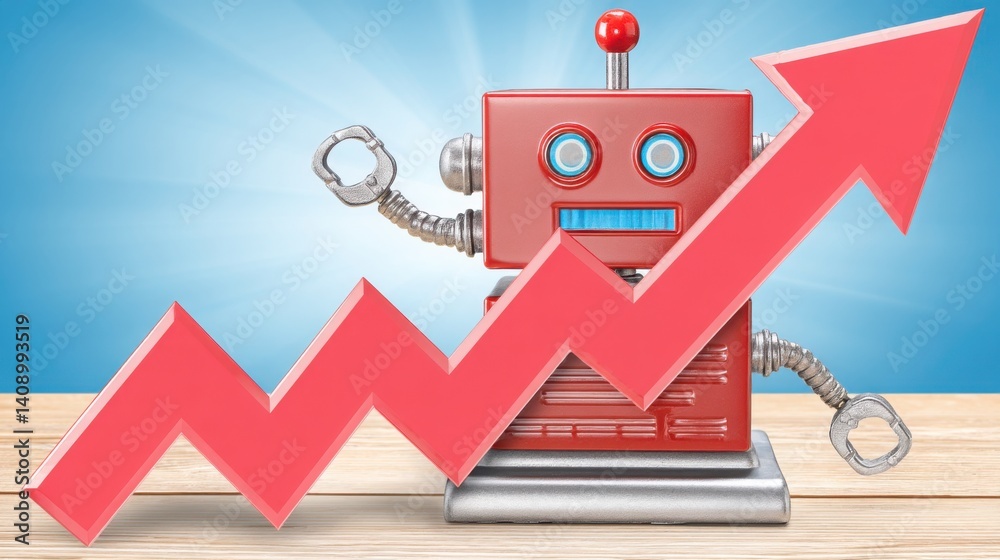 Poster advanced robot featuring a bold red arrow pointing upward signifying optimism and growth in the digi