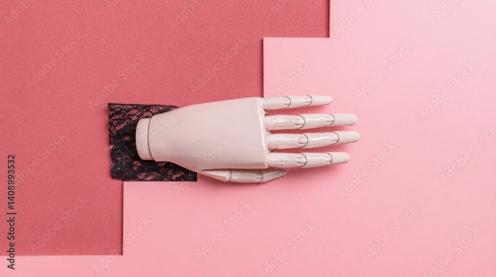 Poster futuristic robot hand resting on a soft pink surface symbolizing modern design and technological adv
