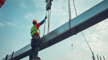 A crane signal operator guiding a steel beam placement at a building site. Featuring teamwork and accuracy