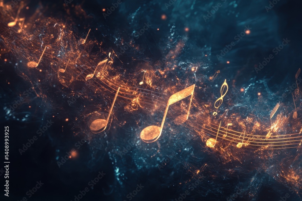 Poster Music notes flowing through a vibrant cosmic background creating a captivating visual experience, Music notes flowing