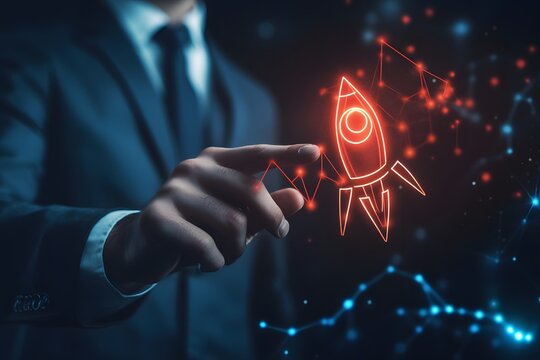 Businessman Launching Rocket Startup