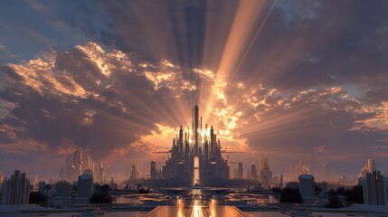 Fototapeta premium A Dazzling Art Deco Style Future Metropolis at Sunset: Striking Sunburst Motifs and Ethereal Atmosphere with Ultra HD Clarity, Stunning Backlit Effects, and Vibrant Tones in a 3D Rendered Landscape