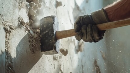 A demolition worker using a sledgehammer to break down a concrete wall. Featuring force and precision