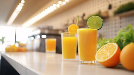 Chic modern juice bar featuring freshly squeezed citrus juices like orange lemon lime juices presented elegant glasses garnishes set against clean white countertop evoking a sleek and fresh atmosphere