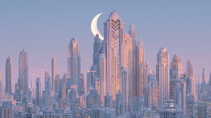 Obraz premium Futuristic Art Deco Metropolis Under Moonlight: Serene and Highly Detailed Cityscape with Chevron Patterns and Pastel Colors in Digital Medium – Captivating Nighttime Urban Atmosphere