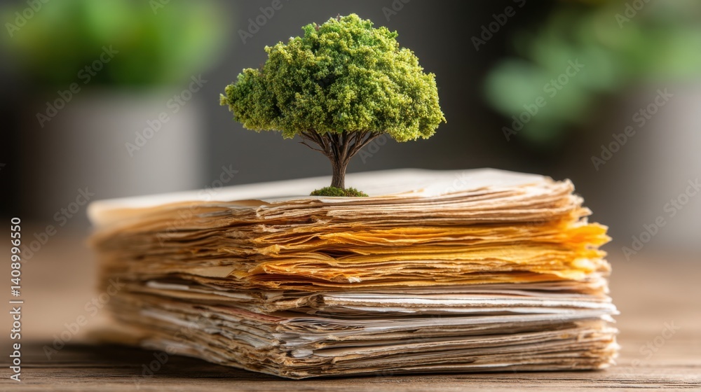 Poster stack of documents rising to tree concept symbolizing layered learning and growth in a creative visu