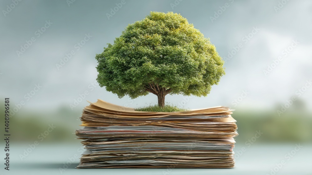 Poster stack of documents ascending to tree concept depicting layered learning and knowledge development in