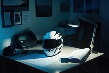Detailed Workspace with Racing Helmet and Blueprint at Night