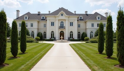 The grand, elegant mansion overlooked a sprawling landscape, with a sweeping driveway stretching out before it.