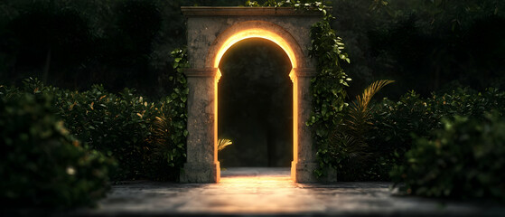 Fototapeta premium Illuminated Stone Archway in Lush Garden
