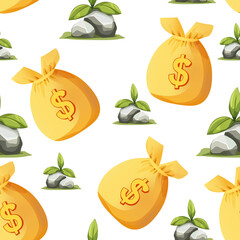 Money Bag and Growing Plant Pattern. Financial Success Cartoon Repeat PatternWeb