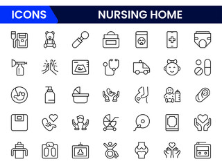 Vector illustration web line icon collection depicting nursing home symbols such as care, healthcare, elderly, support, medical, and comfort services for seniors.