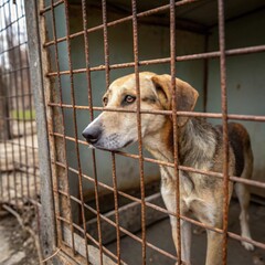 stray dog confined in a rusty cage at an animal shelter, looking sad and hungry, abandoned behind the old grid, waiting for shelter care and rescue aid
