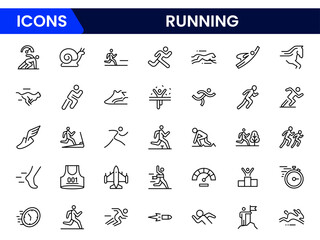 Vector illustration web line icon collection featuring speed-related symbols like fast cars, speedometers, acceleration, and motion indicators for dynamic performance.
