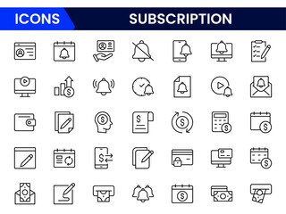 Vector illustration web line icon collection depicting subscription services—magazines, streaming, memberships, recurring payments, digital content, boxes, and exclusive access.