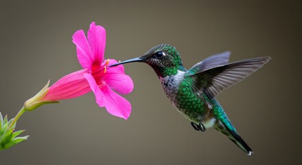 Fototapeta premium Hummingbird drinking nectar from a vibrant pink flower in natural setting