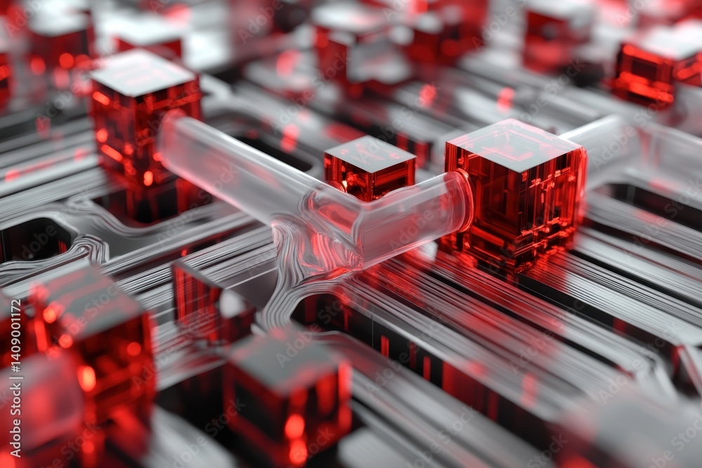 Poster data blocks flowing seamlessly through a network in a modern digital environment, 3d depicting data 