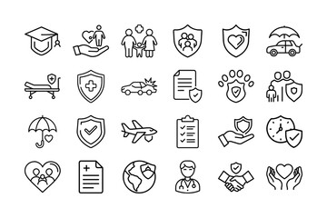 Fototapeta premium Insurance Icons Set – Family, Health, Car, Pet, and Life Protection Symbols