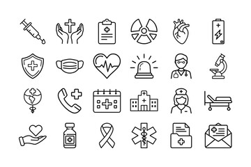 Medical Icons Set – Healthcare, Hospital, and Emergency Line Art Symbols

