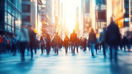 A busy city street filled with people during golden hour, capturing the energy of urban life and movement in a vibrant environment.