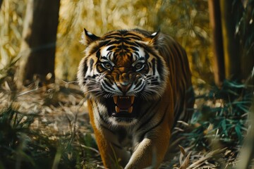 Fototapeta premium Tiger growls fiercely while staring intensely at the camera in its natural habitat, tiger growls and looks at the camera