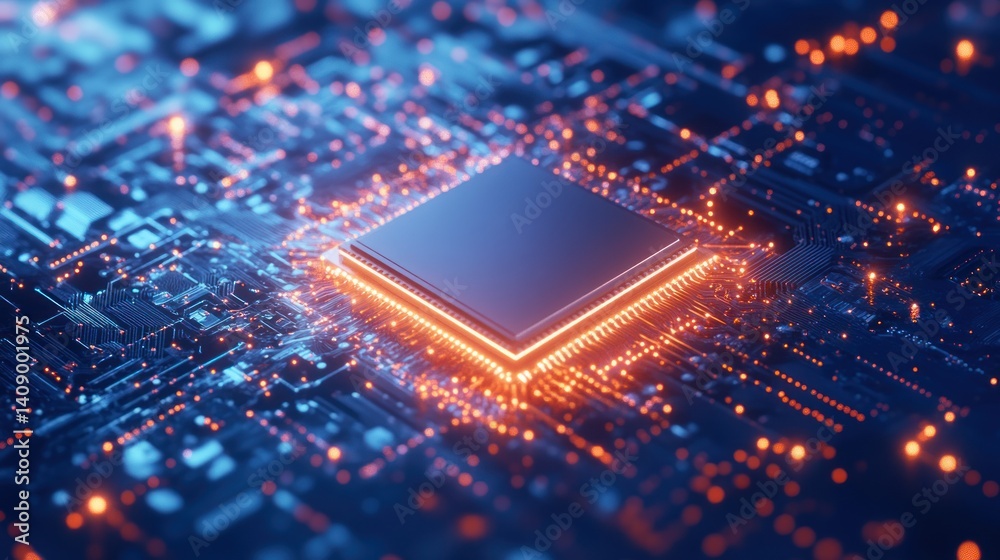 Poster a close-up view of a futuristic microprocessor surrounded by glowing circuits, representing advanced