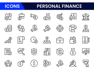 Vector illustration web line icon collection featuring personal finance symbols like budgeting, savings, investments, tax, credit, financial planning, wallet, and calculator.