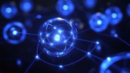 Obraz premium A close-up view of atoms interconnected by glowing blue lines, representing molecular structures in a vivid and dynamic visual.