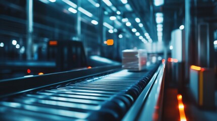 A detailed view of an automated conveyor belt in a modern warehouse, showing efficient goods transportation.