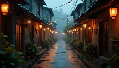 Serene Evening Street with Lanterns and Wet Pavement in a Misty Alleyway