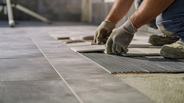 Tiler placing ceramic tiles on bathroom floor during renovation. Featuring precision and attention