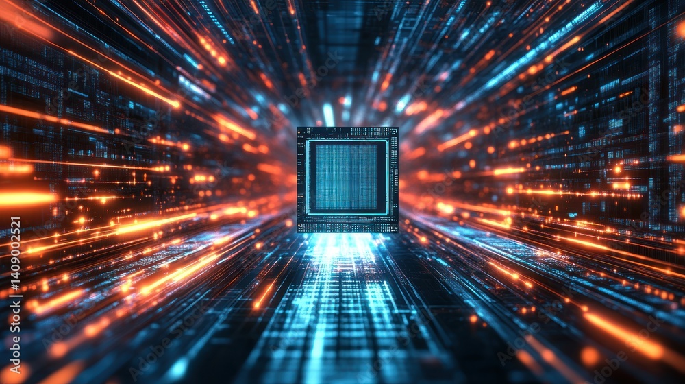 Poster a dynamic representation of a computer chip surrounded by vibrant light trails, symbolizing high-spe