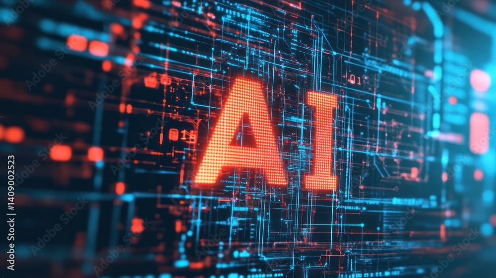 Poster a dynamic representation of artificial intelligence, showcasing vibrant circuits and data flow in a 