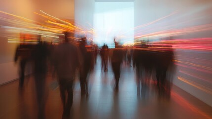 A dynamic scene of people in motion within a modern space, capturing the essence of urban life and movement.