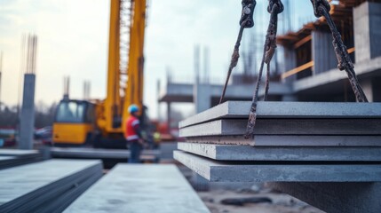 A heavy equipment operator unloading a stack of concrete slabs at a building site. Featuring efficiency and organization