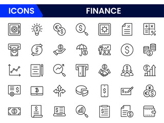 Vector illustration web line icon collection representing finance concepts like money, bank, calculator, budget, investment, savings, credit card, growth chart, and currency symbols.