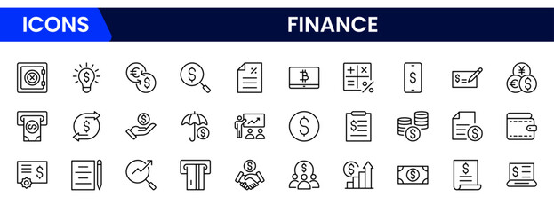 Vector illustration web line icon collection representing finance concepts like money, bank, calculator, budget, investment, savings, credit card, growth chart, and currency symbols.