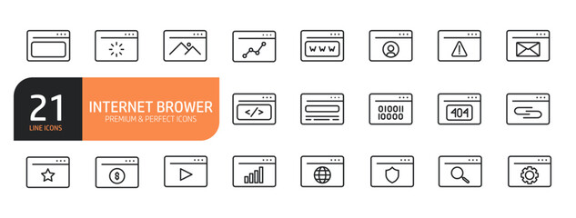 Set of line icons related to internet browser, website and more. Outline icons collection. Editable stroke. Vector illustration.