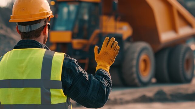 Traffic controller guiding heavy machinery on busy worksite. Featuring safety and coordination