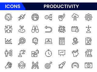 Vector illustration web line icon collection representing productivity tools, task management, efficiency, time tracking, and goal-setting symbols for optimized performance.