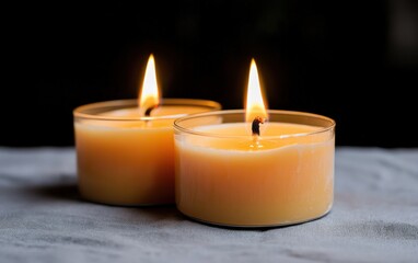 Two Amber Candles Burning on Dark Surface