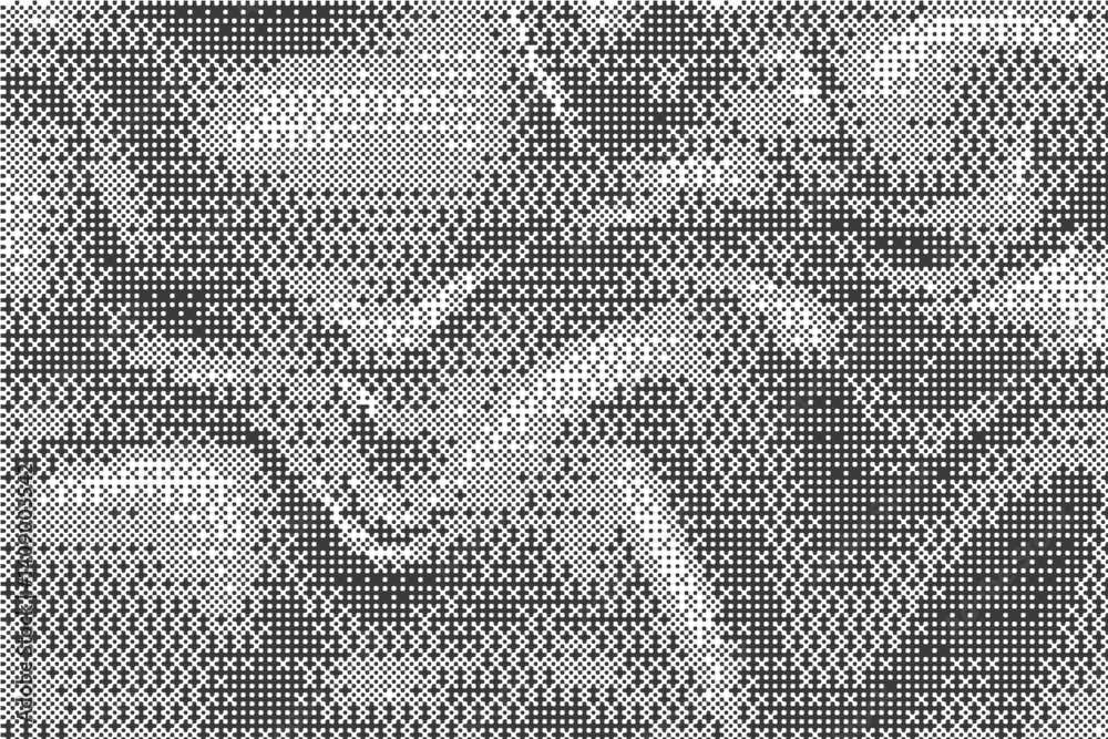 Poster wavy bitmap pattern background with pixel. gradient dotted halftone video dither effect. vector retr