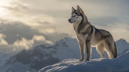 Fototapeta premium A majestic husky stands on a snowy peak, gazing into the distance with mountains in the background, capturing the essence of wilderness.